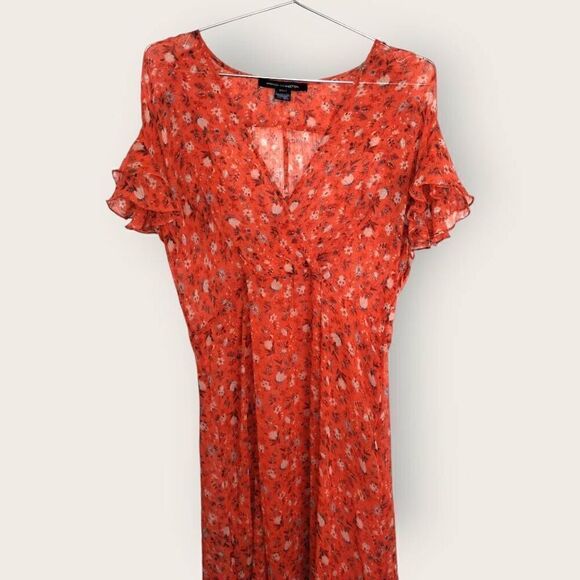 French Connection Midi Sz 12 Sheer‎ Chiffon Tea Flutter Sleeve Dress Pumpkin - Picture 9 of 12